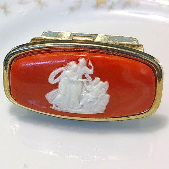 Vintage Japan Mirrored Lipstick Tube Holder Ring Cameo Carved Coral Lucite - Picture 8 of 8